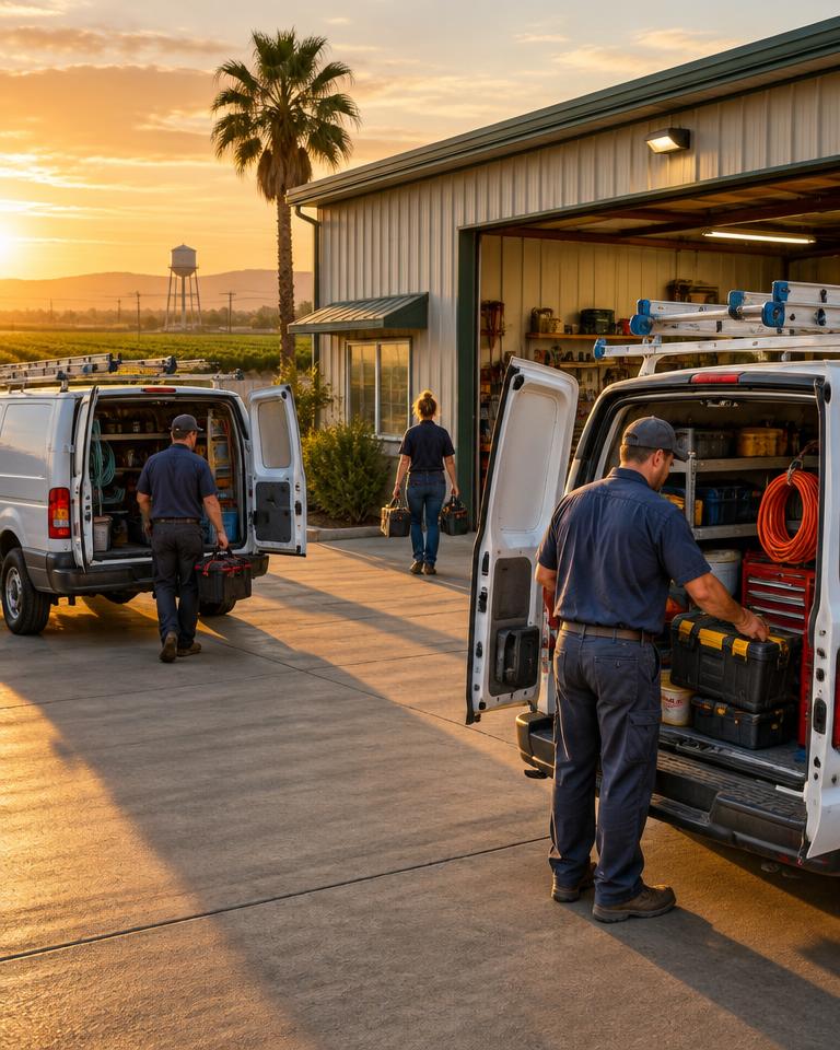 All American team loading service vans at the Los Banos shop
